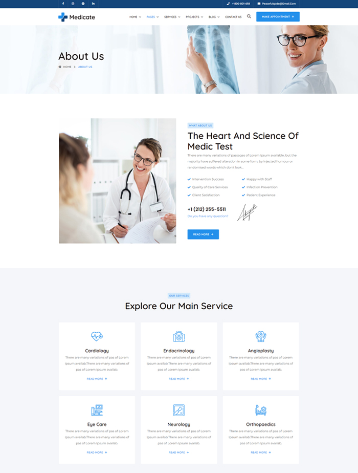 A medical website with an image of doctors and nurses.