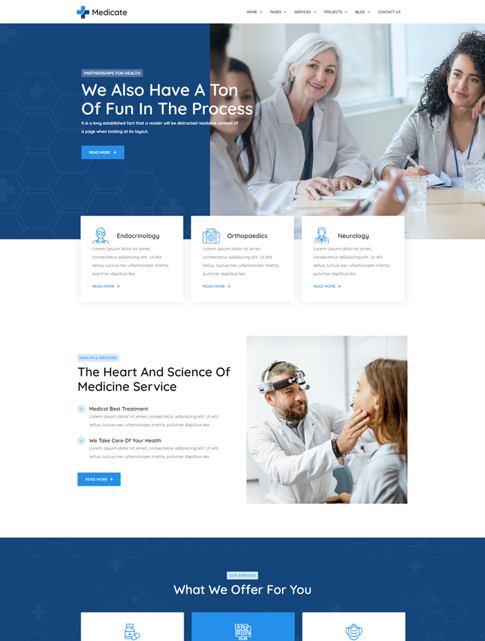 A medical website with an image of doctors and nurses.