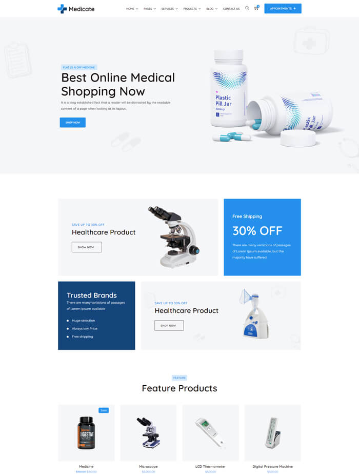 A medical store website with a lot of products