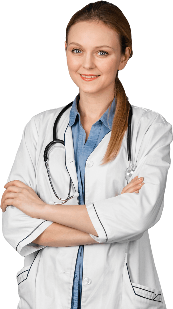 A woman in white lab coat with stethoscope.